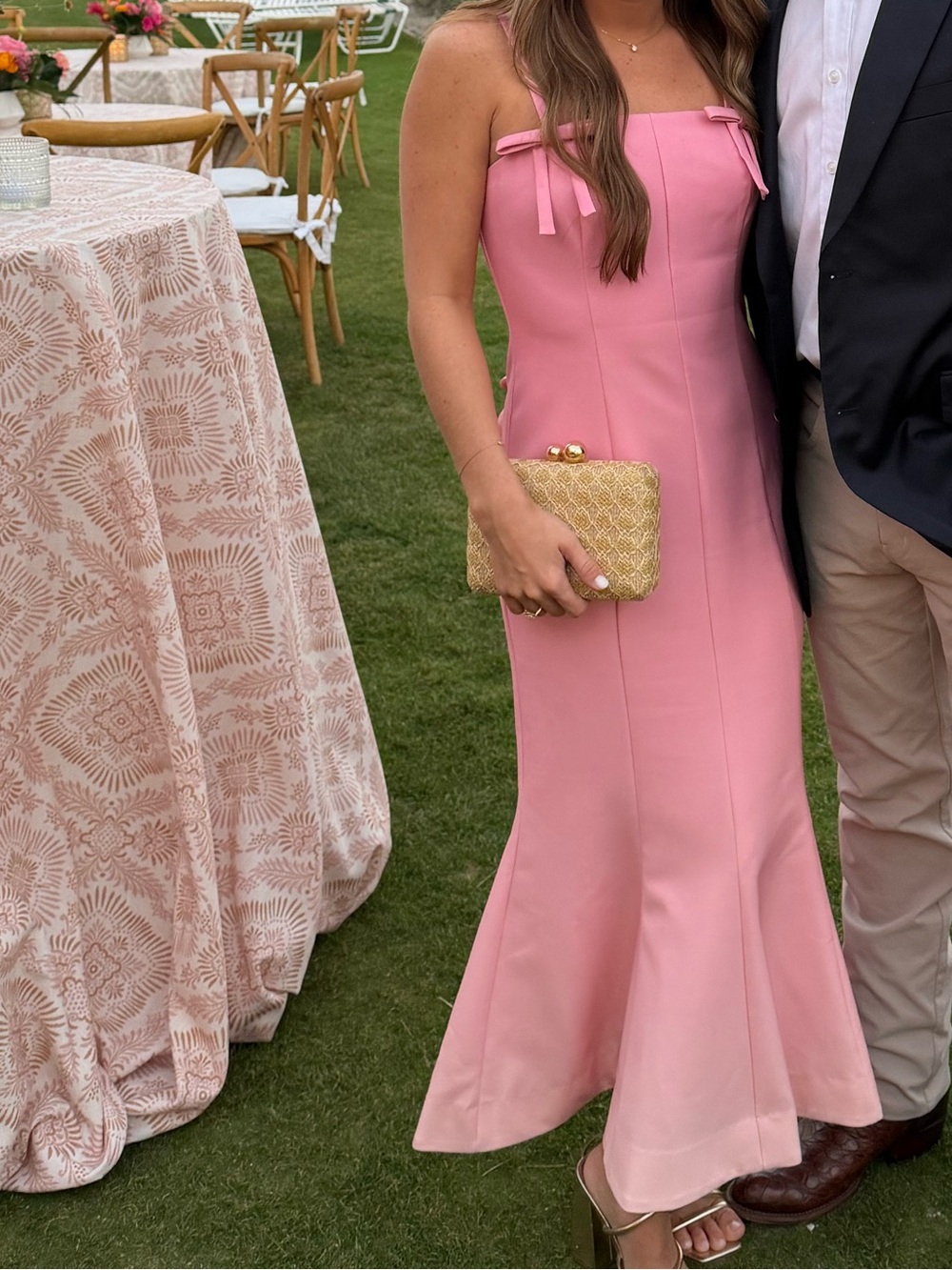 Classic Pink Strapless Evening Dress with Bow Detail